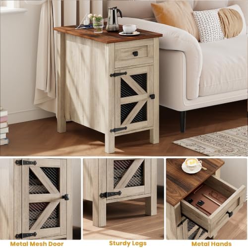 Farmhouse End Table with Charging Station,Narrow Side Tables with Storage