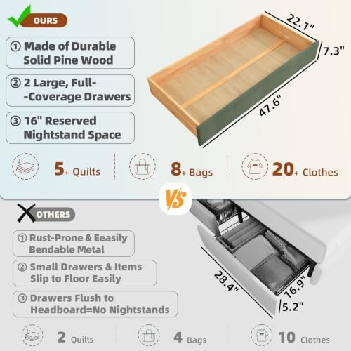 Queen Bed Frame with Storage & Built-in Nightstands & Drawer, Grayish Olive