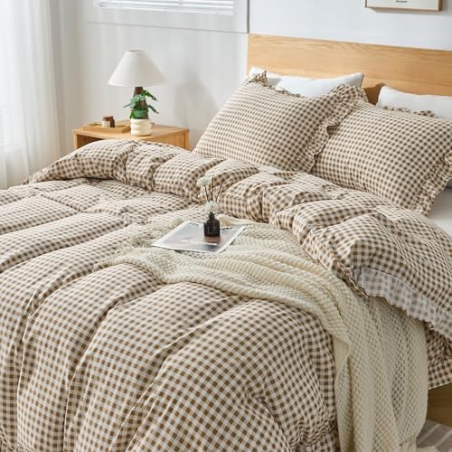 Gingham Duvet Cover King Size, 3 Pieces Soft Breathable Microfiber Plaid Duvet Cover with Zipper Closure & 2 Pillow Shams, Ruffle Farmhouse Vintage Decor, Taupe