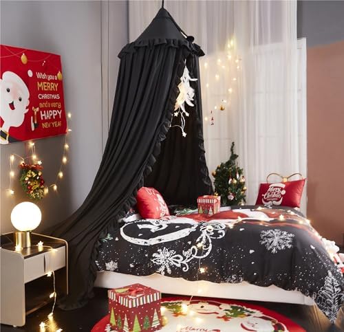 VETHIN Bed Canopy for Girls,Princess Round Dome Dreamy Mosquito Net Bedding Girls Room Castle Play Tent Hanging House Decor Reading Nook Canopies (Black)