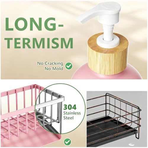 Cisily Kitchen Dish Soap Dispenser Set with 2 Pack 16.9oz Amber Glass Bottle and Sponge Holder, Dish Soap Dispensers with Adjustable Sponge Holder, Vintage Hand and Dish Soap Dispensers Set