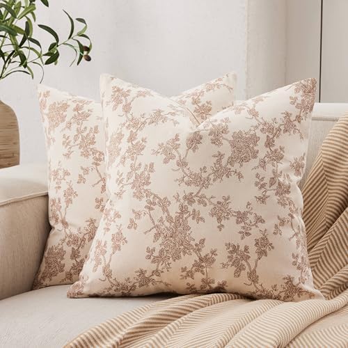 2 Pack French Floral Throw Pillow Covers 16x16in, Brown/Cream