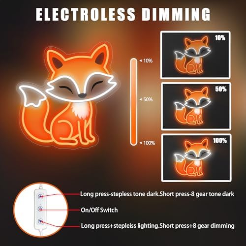 Fox Neon Sign, Dimmable LED Night Light for Bedroom Wall Decor, Cute Fox Room Decor Gift for Kids Teens and Fox Lovers