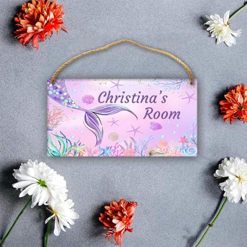 Personalized Mermaid Door Sign Kids Room Decor Custom Name Girls Bedroom Toddler Baby Nursery Hanging Art Wood Wall Plaque