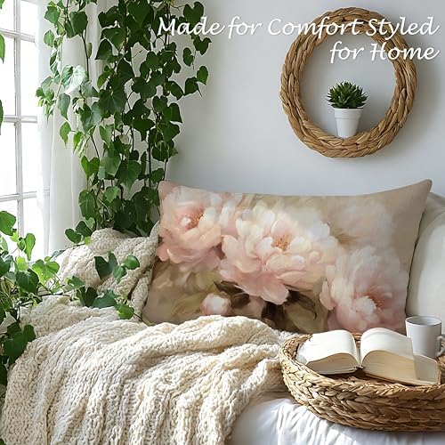 Vintage Pink Peony Floral Pillow Cover 12x20, Rustic Farmhouse Cottage Core Botanical Flower Decorative Lumbar Pillow Cover for Couch Bed Living Room Bedroom