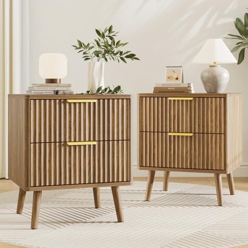 LYNSOM 3 Pieces King Bedroom Set, Floating Bed Frame with Smart LED Lights & Nightstand Set of 2, Fluted Bedroom Furniture Set for Home, Bedroom, Walnut