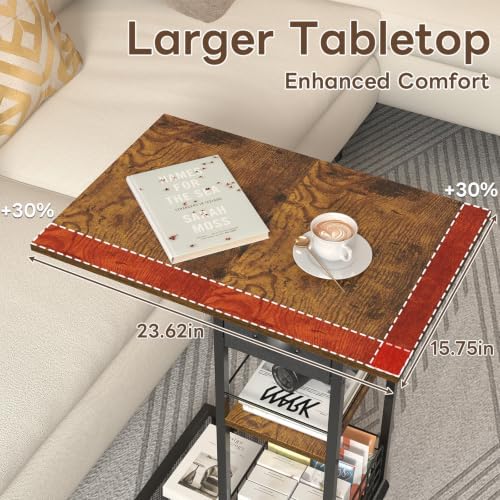 C Shaped End Table, TV Tray Table with Wheels, Drawer and Storage Basket