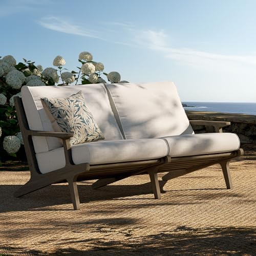 Modway Saratoga Teak Outdoor Patio Loveseat in Weathered Gray Pebble – 2 Seater Outdoor Couch with Weather-Resistant Cushions – Wooden Porch Loveseat