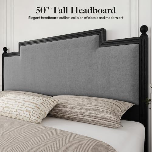 Queen Size Bed Frame with 50.2" Tall Upholstered Headboard, Black