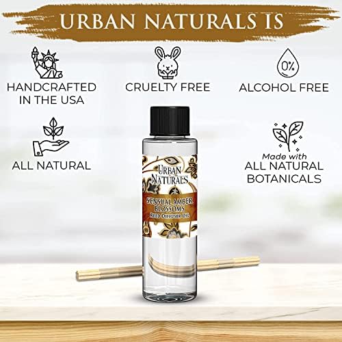 Urban Naturals Reed Diffuser Oil Refill, Sensual Amber Blossoms Fragrance Oil with Jasmine, Amber, Vanilla, 4 oz + Free Reed Sticks, Made in the USA