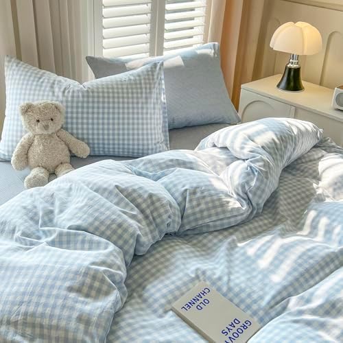 Gingham Duvet Cover Set,Cotton,Queen (90"x90"),Blue White Plaid