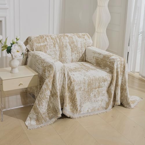 MEETSKY Small Couch Cover Oversized Recliner Covers Washable Armchair Sofa Cover for Dog, Chenille Khaki Abstract Geometric Jacquard Sofa Throw Cover Durable Modern Single Sofa Slipcovers, 71" X 91"