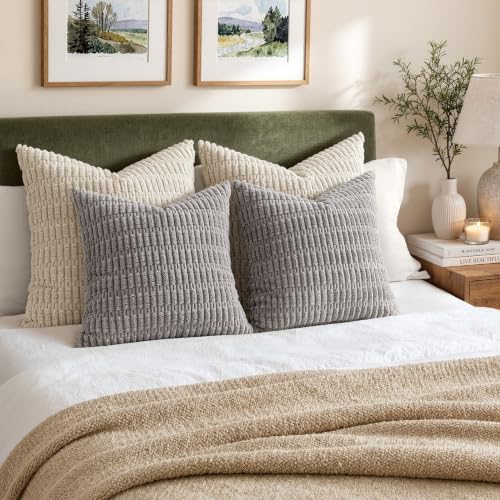 MIULEE Pack of 2 Corduroy Decorative Throw Pillow Covers 12x12 Inch Soft Boho Striped Pillow Covers Modern Farmhouse Home Decor for Sofa Living Room Couch Bed Light Grey