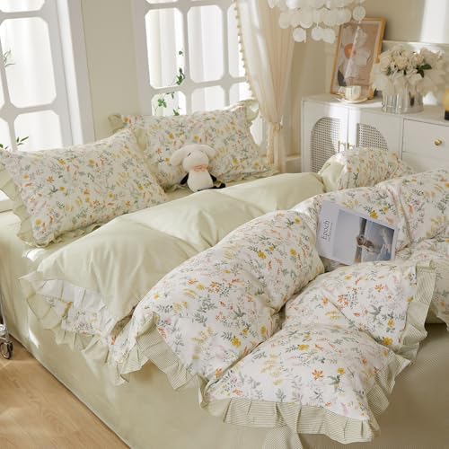 HighBuy Garden Floral Ruffled Duvet Cover Queen for Women Girls,Coquette Bedding Green Striped Duvet Cover Set Shabby Chic 100% Cotton Bedding Set Breathable Durable Luxury with Zipper