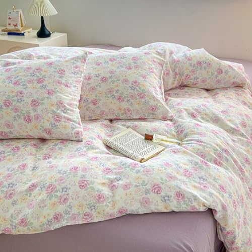 100% Cotton Purple Floral Duvet Cover Twin Size 2 Layer Muslin Comforter Cover Set for Teen Girls Women,Cute Bedding Set 3 Pieces,Includes 1 Duvet Cover& 2 Pillowcases