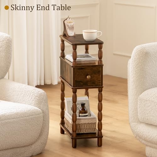MaxSmeo Narrow Nightstand with Drawer, Narrow End Table with Storage, Skinny Small Side Table Living Room for Small Spaces, Bedroom (Rustic Brown)