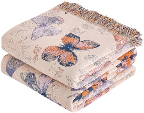 VANJOROY Boho Throw Blanket, 100% Organic Cotton Breathable Ultra Soft 91" x 108" King Bed Quilt Throw - All Season Floral Rustic Farmhouse Decor Luxury Blanket for Sofa Couch Chair and Gift
