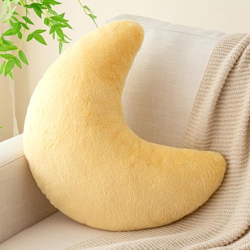 Moon Pillow, Decorative Throw Pillows with Soft Faux Rabbit for Bed Couch, Moon Shaped Pillows Plush Floor Cushions Room Decor Pillow for Sofa Bedroom Living Room