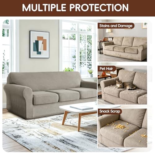 4 Pieces Stretch Couch Covers for 3 Cushion Sofa Cover Decorative Sofa Slipcover Non Slip Washable Thick Soft Elastic Furniture Protector for Pets,(Large, Taupe)