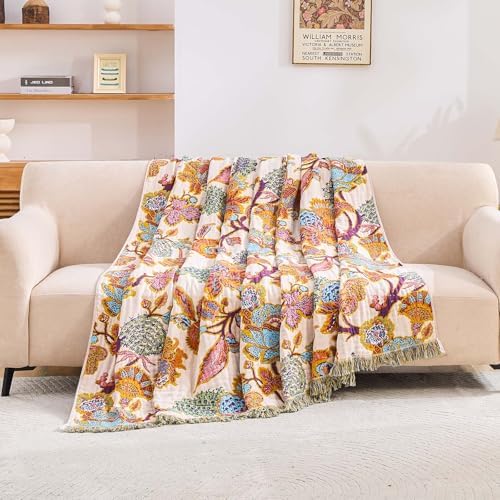 XIBLC Boho Throw Blanket for Bed, 100% Cotton Soft Rustic Quilt Fall Blanket, 50"x60" Floral Printed Farmhouse Decor Bed Blankets, All Season Rustic Reversible Bohemian Throw Quilt