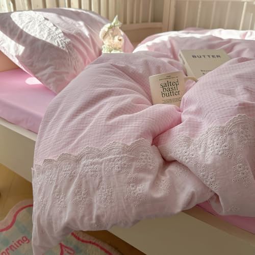 mixinni Pink Gingham Duvet Cover Queen Size - 3 Piece Cottagecore Plaid Bedding Set with Lace Trim, Soft Washed Microfiber Vintage Aesthetic Grid Comforter Cover & Pillow Shams, (Pink White Gingham)