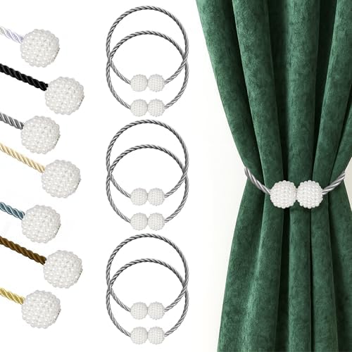 Hion Magnetic Curtain Tiebacks Grey 6pcs, Curtain Holdbacks Hooks Holders