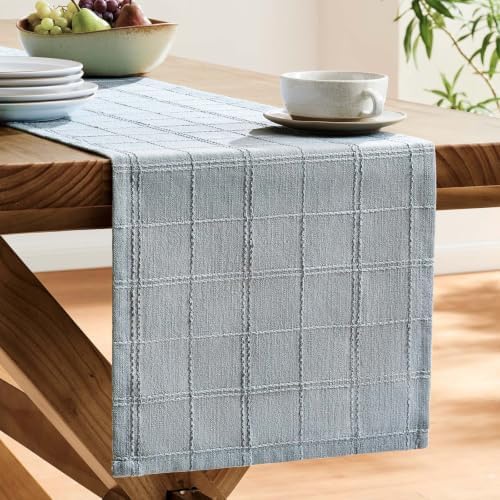 ZeeMart Linen Checked Farmhouse Table Runner, 13x72 Inches Chambray