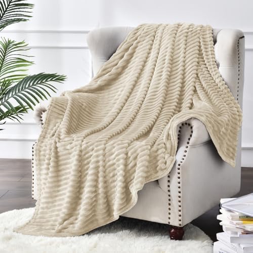 BEDELITE 3D Ribbed Linen Color Fleece Throw Blanket for Couch, 50x70 Inch