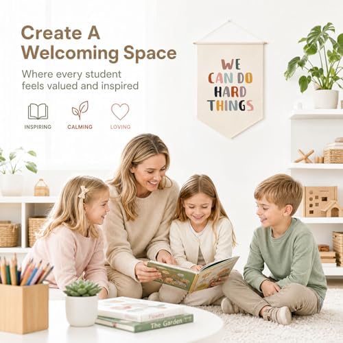 Classroom Wall Decor Banner, We Can Do Hard Things Positive Affirmation Hanging Sign, Motivational Fabric Poster for Kids Room Playroom Teacher Decor