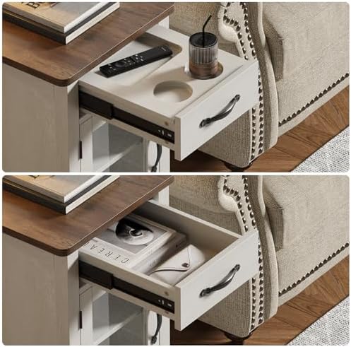 ONBRILL Rustic End Table with Charging Station, Narrow Side Table, White