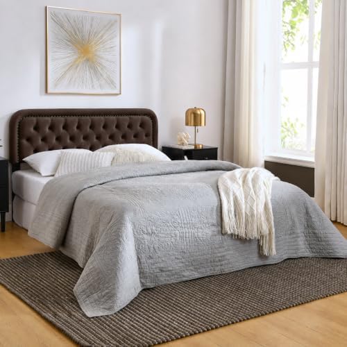Tufted Upholstered Twin Size Headboard only - Button Solid Wood HeadBoards with Adjustable Height - Modern Velvet Padded Bed Headboard - Easy Assembly - Nailhead, Taupe Brown