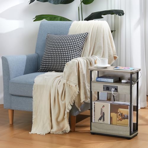 YEAKOO Narrow Side Table with Charging StationSmall Spaces Narrow End Table