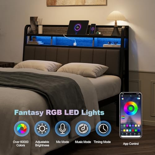 Full Headboard Only with Storage, Charging Station, Black & Grey