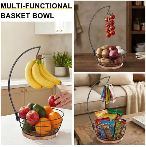 Livabber Countertop Fruit Basket Bowl with Banana Hanger, Modern Standing Fruit Vegetable Bowl Storage, with Banana Tree Holder for Kitchen Dinning Table (Round Wood, Black)