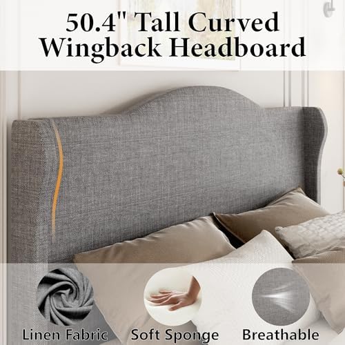 Queen Size 50.4'' Upholstered Tall Headboard Bed Frame, Light Grey