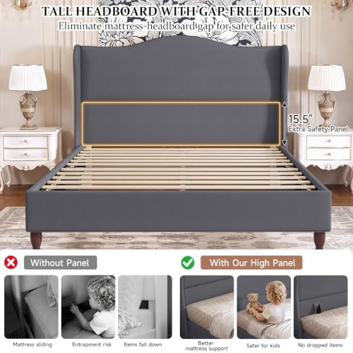 koorlian Queen Size Upholstered Bed Frame with 51'' Tall Headboard, Grey