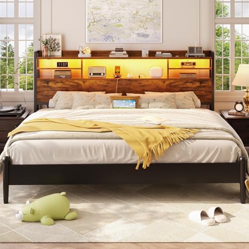 Aheaplus Headboard for King Size Bed with Storage and Outlets, Rustic Brown