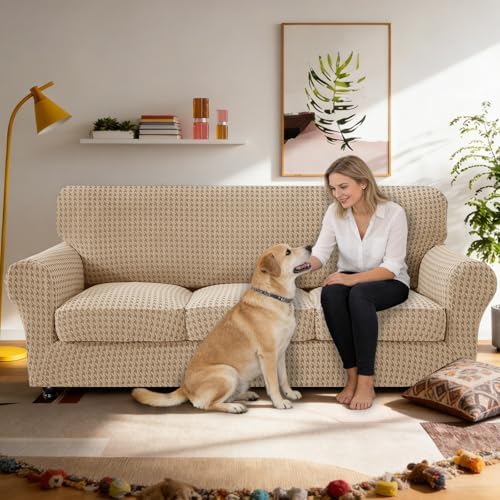 MAXIJIN 4 Pieces Stretch Couch Covers for 3 Cushion Sofa Pet Friendly Couch Cover for Dogs Washable Sofa Slipcovers Thick Soft Furniture Protector with Non Slip Strap (Khaki, 71"-91")