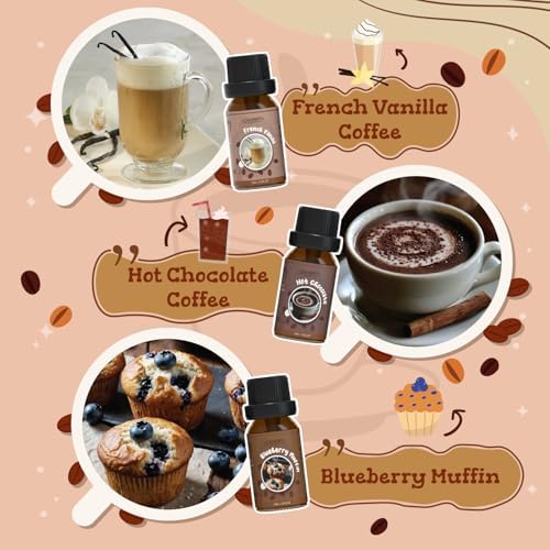 SALUBRITO Coffee Fragrance Oils Set, Premium Essential Oils for Diffuser, Candle, Soap Making, Blueberry Muffin, Eggnog Latte, Caramel Machhiato, Cafe Mocha, French Vanilla, Hot Chocolate, Scented Oil
