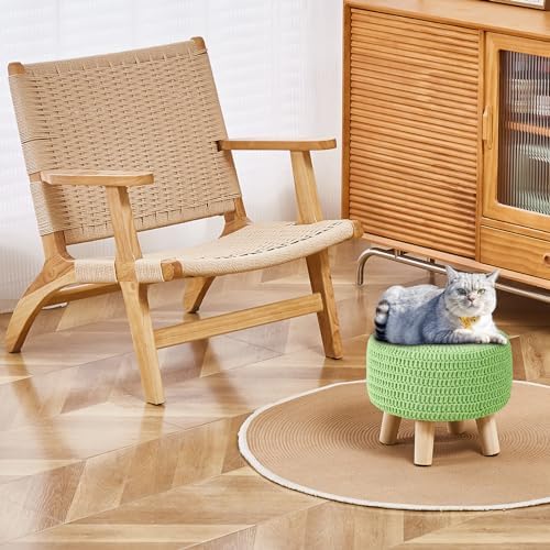 13" Round Handmade Cotton Knitted Boho Small Ottoman with Non-Skid Wood Leg