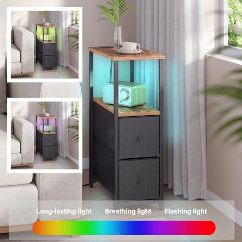 TUTOTAK Narrow LED End Table with Charging Station, Skinny Side Table