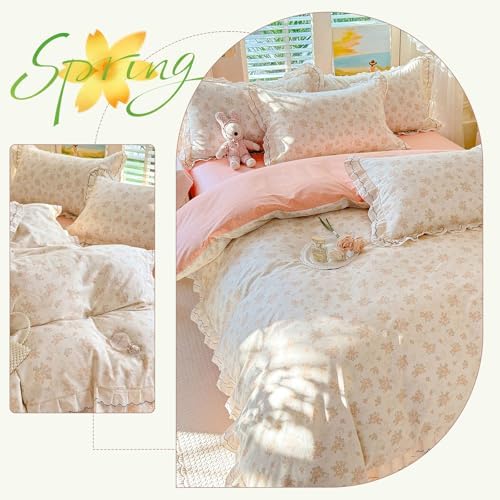HighBuy Vintage Floral Cotton Duvet Cover Twin XL,Ruffle Lace Pink Floral Bedding Set for Girl College,Princess Ruffled Comforter Cover with Zipper,Breathable,3 Piece,All Season