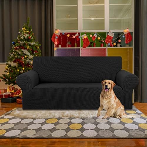 KEKUOU Stretch Loveseat Couch Cover, 2 Cushion Couch Slipcover,Black