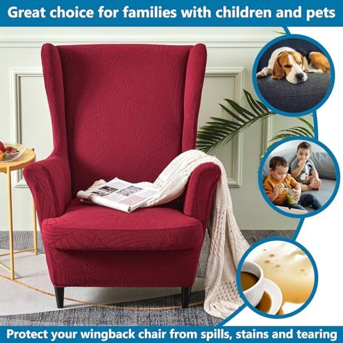 2 Piece Wingback Chair Cover Stretch Jacquard Wing Back Chair Slipcover with Armrest Washable Furniture Protector for Armchair Living Room Bedroom