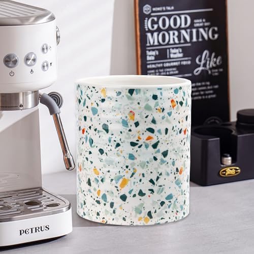 Kitchen Utensil Holder,7.2-inch Extra Large Ceramic Terrazzo Marble Pattern Utensil Crock,Cooking Utensil Organizer for Kitchen Counter Decor,Storage Caddy Farmhouse Gift Nordic Light Blue