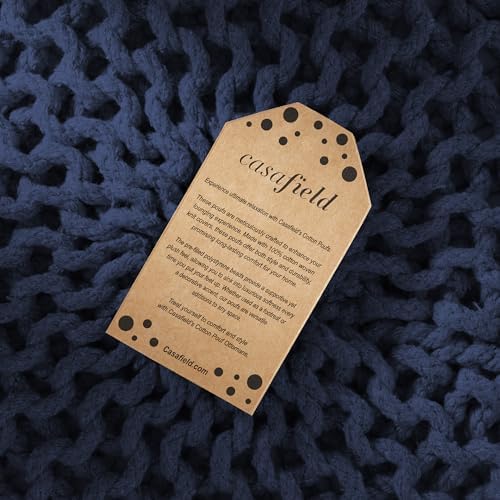 Casafield Round Pouf Ottoman, Navy Blue - 20" Diameter x 14.5" High Cotton Knit Foot Stool - Boho Floor Pouffe for Living Room, Bedroom, Home Office