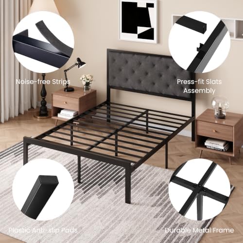 SHA CERLIN Full Size Metal Bed Frame with Linen Tufted Headboard, Dark Gray