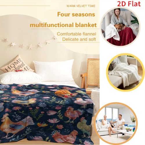 Chicken Rooster Floral Blanket 60"x80", Soft Lightweight Throw Blanket for Kids Teens Adults, All Season Cozy Decorative Blanket for Sofa Bed Couch Travel