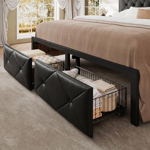 Einhomn King Bed Frame with Storage Drawer, Metal Platform Bed with Charging Station, Upholstered Faux Leather Button Tufted Storage Headboard, No Box Spring Needed, Noise-Free, Easy Assembly, Black