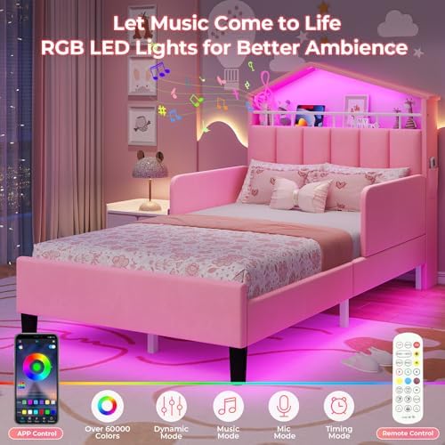 ADORNEVE Girls Twin Bed with Safety Guardrail,Pink